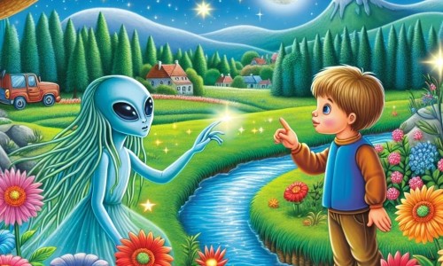 Une illustration destinée aux enfants représentant un garçon fasciné par les étoiles qui fait la rencontre d'une exploratrice extraterrestre dans une forêt bordée de fleurs aux couleurs chatoyantes, de champs verdoyants et de rivières scintillantes, dans la petite ville tranquille de Clairdelune.