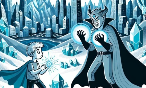 Une illustration destinée aux enfants représentant un garçon aux pouvoirs magiques affrontant un sorcier maléfique dans une ville tentaculaire de gratte-ciels cristallins.