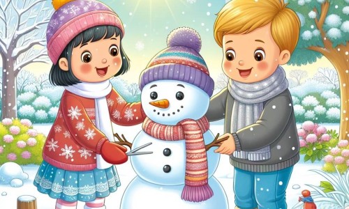 Une illustration destinée aux enfants représentant un petit garçon tout excité par la neige, construisant un bonhomme de neige avec l'aide d'une petite fille, dans un jardin recouvert d'un manteau blanc étincelant sous le soleil hivernal.