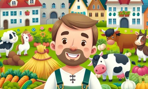 Une illustration destinée aux enfants représentant un homme souriant, entouré d'animaux de la ferme, dans un champ coloré, plein de légumes et de fruits, au cœur d'un village pittoresque.