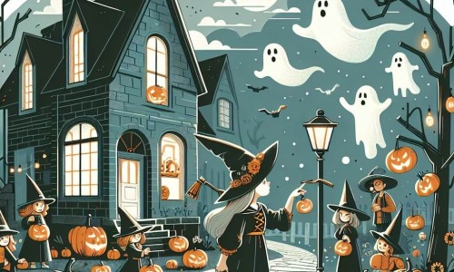 Une illustration destinée aux enfants représentant une fillette se déguisant en sorcière pour Halloween, explorant une maison mystérieuse avec ses amis, dans une rue décorée de citrouilles et de fantômes en papier.