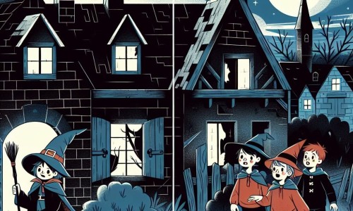 Une illustration destinée aux enfants représentant un jeune garçon déguisé en sorcier, accompagné de ses amis, explorant une maison abandonnée sombre et délabrée, dans le petit village de Sainte-Lune, lors d'une soirée d'Halloween.