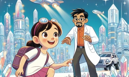 Une illustration destinée aux enfants représentant une jeune fille curieuse et aventurière, accompagnée d'un ami scientifique, explorant la Ville de Cristal, une cité futuriste scintillante faite de bâtiments brillants et de voitures volantes.