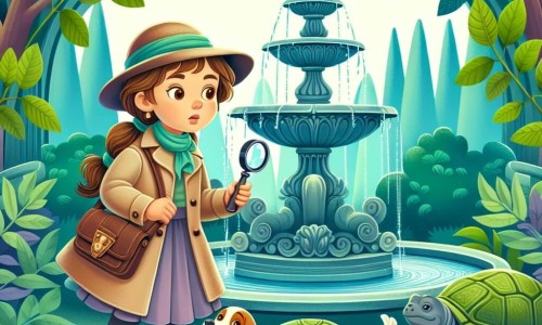 Une illustration destinée aux enfants représentant une jeune détective intrépide, accompagnée de son fidèle chien, résolvant un mystère captivant dans un parc luxuriant, avec une fontaine ornée d'une statue de tortue et une forêt mystérieuse en arrière-plan.