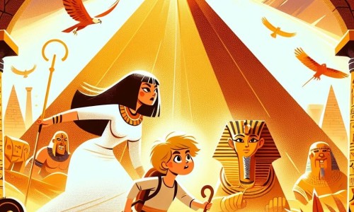 Une illustration destinée aux enfants représentant un jeune garçon courageux se retrouvant au cœur d'une pyramide dorée, accompagné d'une guide mystérieuse, dans l'Égypte ancienne, entouré de mystères et de dangers.