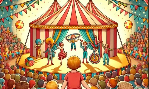 Une illustration destinée aux enfants représentant un petit garçon émerveillé par les acrobaties du cirque, accompagné de sa maman, sous le grand chapiteau coloré aux drapeaux chatoyants, rempli de spectateurs enthousiastes.