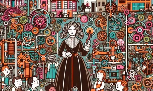 Une illustration destinée aux enfants représentant une inventeuse extraordinaire, entourée de jeunes enfants curieux, dans son atelier rempli de machines et d'outils colorés et étranges, dans une petite ville paisible.