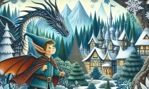 Une illustration destinée aux enfants représentant une elfe aux oreilles pointues, accompagnée d'un dragon majestueux, explorant une cité elfique magique nichée au cœur d'une forêt enchantée aux arbres aux feuilles argentées scintillantes.
