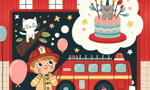 Une illustration destinée aux enfants représentant un petit garçon rêvant de devenir pompier, sauvant un chat coincé dans un arbre avec l'aide des pompiers, dans une caserne rouge vif décorée de ballons et de gâteaux.