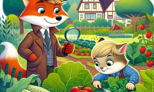 Une illustration destinée aux enfants représentant une jeune renarde détective, accompagnée d'un chat détective, résolvant un mystère dans un charmant jardin potager de la paisible ville de Pommeville.