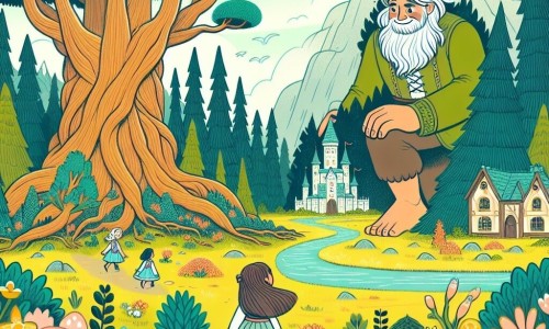 Une illustration destinée aux enfants représentant un géant bienveillant rencontrant une fillette curieuse dans un royaume enchanté, où des arbres gigantesques s'élèvent jusqu'au ciel et des fleurs aux couleurs éclatantes parsèment le sol.