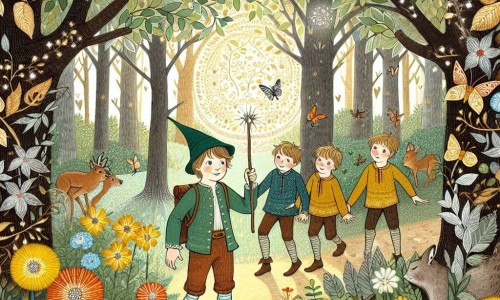 Une illustration destinée aux enfants représentant un petit garçon malin et rusé, entouré de ses frères, découvrant la Forêt Magique aux arbres aux feuilles d'or et d'argent, où les fleurs chantent et les animaux parlent, sous la garde bienveillante d'une Fée des Bois.