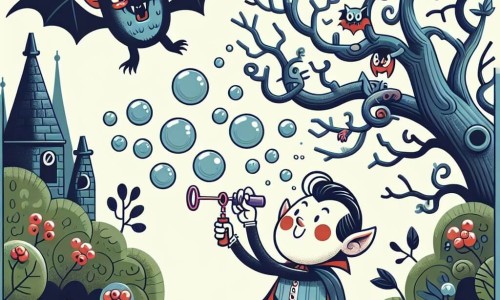 Une illustration destinée aux enfants représentant un vampire rigolo faisant des bulles de savon avec une chauve-souris complice, dans un village des vampires aux maisons biscornues cachées derrière des arbres aux branches tordues et aux jardins luxuriants.
