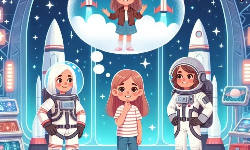 Une illustration destinée aux enfants représentant une jeune fille rêvant de devenir astronaute, accompagnée d'une astronaute femme, dans une base spatiale futuriste avec des fusées imposantes, des écrans lumineux et un ciel étoilé étincelant.