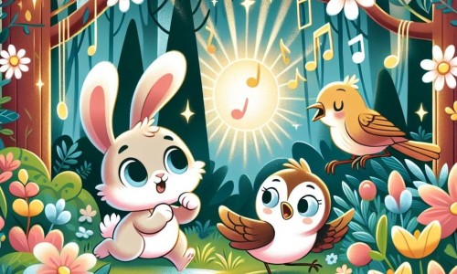 Une illustration destinée aux enfants représentant un adorable lapin courageux, accompagné d'un oiseau effrayé, explorant une clairière enchantée éclairée par des fleurs brillantes et baignée d'une douce musique.