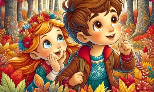 Une illustration destinée aux enfants représentant un garçon aux cheveux bruns, émerveillé par les couleurs flamboyantes des feuilles d'automne, accompagné d'une fille aux cheveux roux, dans une forêt enchantée où les arbres arborent des tons chatoyants de rouge, orange et jaune.