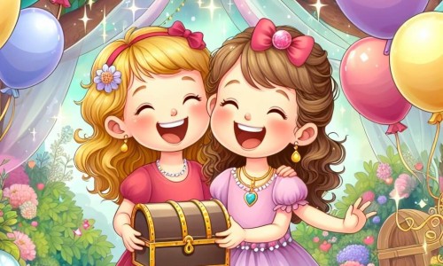 Une illustration destinée aux enfants représentant une petite fille émerveillée par une chasse au trésor lors de son anniversaire, accompagnée de sa maman souriante, dans un jardin enchanté rempli de ballons colorés et de guirlandes scintillantes.