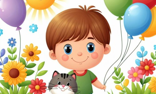 Une illustration destinée aux enfants représentant un jeune garçon souriant, entouré de ballons colorés, accompagné de son chat joueur, dans un jardin ensoleillé rempli de fleurs et d'herbe verte.