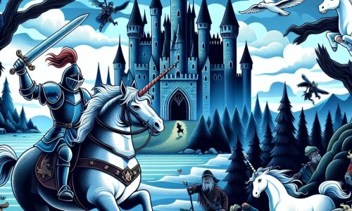 Une illustration destinée aux enfants représentant un courageux chevalier affrontant un tyran cruel dans un château sombre et menaçant, accompagné d'une licorne majestueuse dans une forêt enchantée aux arbres mystérieux et aux créatures magiques.