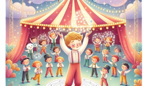 Une illustration destinée aux enfants représentant un jeune garçon rêveur, jongleur en herbe, faisant ses premiers pas au sein d'un cirque magique rempli d'artistes bienveillants, sous un chapiteau coloré et étincelant.