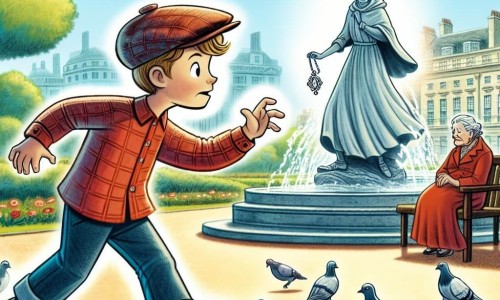 Une illustration destinée aux enfants représentant un jeune garçon curieux et déterminé à résoudre le mystère du collier disparu d'une dame âgée, dans un parc ensoleillé de Coquelicotville, où les pigeons virevoltent joyeusement autour d'une fontaine scintillante.