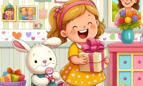 Une illustration destinée aux enfants représentant une petite fille pleine d'enthousiasme préparant une surprise pour la fête des mères, accompagnée de son fidèle doudou lapin, dans une chambre lumineuse aux murs décorés de dessins colorés et de photos de famille.