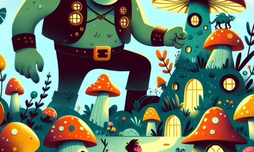 Une illustration destinée aux enfants représentant un ogre farceur géant, un garçon curieux et un royaume secret peuplé de maisons en champignons géants, plantes lumineuses et créatures étranges.