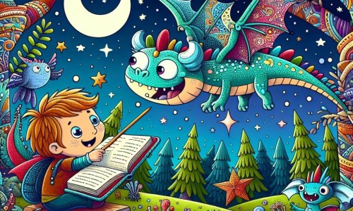Une illustration destinée aux enfants représentant un dragon rigolo tentant d'apprendre à voler avec l'aide d'un jeune garçon, dans une forêt enchantée aux couleurs chatoyantes et aux créatures étranges.