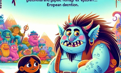 Une illustration destinée aux enfants représentant un troll gourmand et rigolo, accompagné d'un jeune explorateur, dans un royaume fantastique aux couleurs chatoyantes et aux créatures étranges.