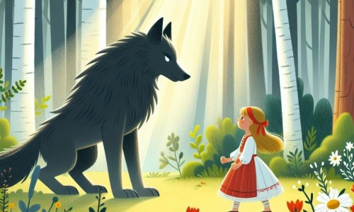 Une illustration destinée aux enfants représentant une petite fille courageuse défiant un grand loup sombre et majestueux, dans une clairière secrète de la forêt, où les rayons du soleil filtrent à travers les arbres touffus et les fleurs sauvages dansent au gré du vent.