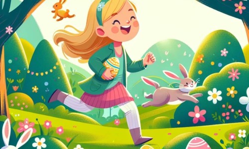 Une illustration destinée aux enfants représentant une fillette joyeuse participant à une chasse aux œufs de Pâques avec des lapins farceurs dans un parc ensoleillé, rempli de fleurs colorées et d'arbres en fleurs.