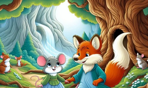 Une illustration destinée aux enfants représentant une jeune souris fille courageuse et curieuse, accompagnée d'un renard garçon rusé et bienveillant, évoluant dans une clairière enchantée au pied d'un majestueux chêne centenaire, en quête d'une fontaine magique.