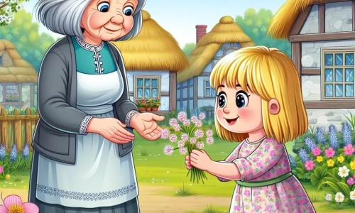 Une illustration destinée aux enfants représentant une petite fille émerveillée par les premières fleurs du printemps, accompagnée d'une gentille voisine aux cheveux argentés, dans un village paisible aux maisons aux toits de chaume et aux jardins fleuris.
