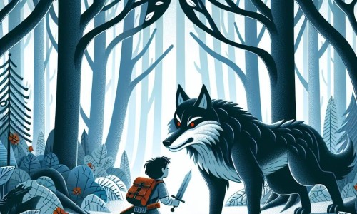 Une illustration destinée aux enfants représentant un jeune aventurier courageux, face à un grand méchant loup, dans une forêt mystérieuse et dense, entourée de majestueux arbres aux feuilles chatoyantes.