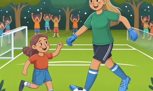 Une illustration destinée aux enfants représentant une jeune fille passionnée de football, s'entraînant avec une célèbre joueuse professionnelle, dans un petit terrain de football entouré d'arbres verdoyants et de supporters enthousiastes.