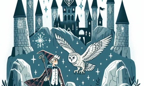 Une illustration destinée aux enfants représentant un jeune sorcier en herbe, accompagné d'une chouette majestueuse, explorant l'école de sorcellerie Minerva, un lieu mystérieux entouré de tours en pierre ornées de symboles magiques scintillants.