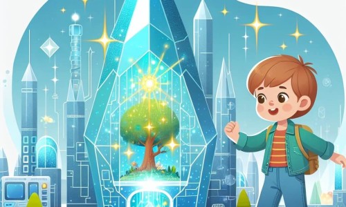 Une illustration destinée aux enfants représentant un jeune garçon curieux explorant une ville futuriste étincelante, avec en toile de fond une tour de cristal scintillante et un jardin magique caché au sommet.