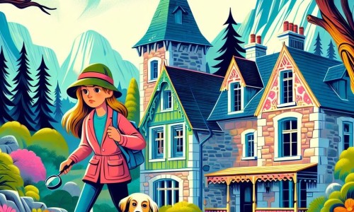Une illustration destinée aux enfants représentant une jeune détective intrépide explorant une maison abandonnée avec son chien fidèle, à la recherche d'indices mystérieux, dans le village enchanteur de Clairbois, entouré de grands arbres majestueux et de fleurs colorées.