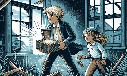 Une illustration destinée aux enfants représentant un jeune garçon curieux et courageux découvrant un trésor caché avec l'aide d'une jeune fille intrépide, dans un vieux manoir abandonné aux fenêtres brisées et aux volets battant au vent.