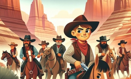 Une illustration destinée aux enfants représentant un jeune cow-boy courageux, entouré de ses amis cow-boys, chevauchant à travers les canyons arides et les montagnes escarpées de l'Ouest américain, à la poursuite de bandits, dans un décor sauvage et ensoleillé.