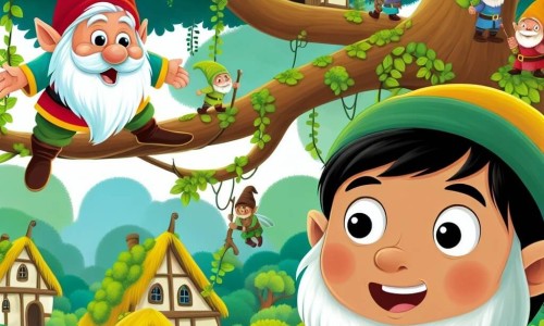 Une illustration destinée aux enfants représentant un lutin espiègle, un enfant garçon curieux, et un village perché sur les branches des arbres dans une vallée verdoyante et enchantée où se déroulent des aventures magiques.