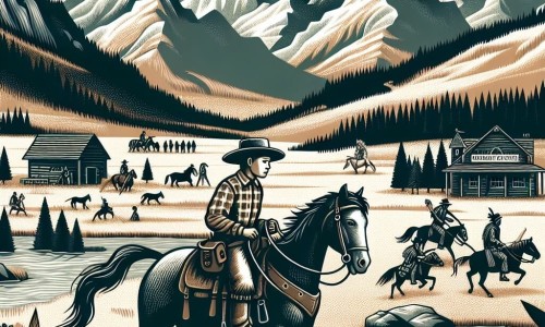 Une illustration destinée aux enfants représentant un jeune cow-boy courageux, chevauchant à travers les vastes plaines de l'Ouest sauvage de l'Amérique, accompagné de son fidèle cheval, à la rencontre d'un groupe d'Indiens hostiles dans un petit village entouré de montagnes majestueuses.