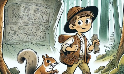 Une illustration destinée aux enfants représentant un jeune explorateur intrépide, accompagné d'un écureuil malicieux, se lançant dans une aventure mystérieuse à travers une forêt dense et une grotte cachée ornée de fresques anciennes.