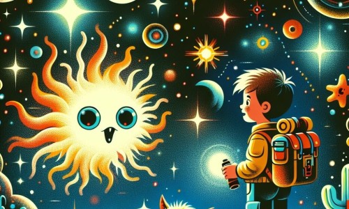 Une illustration destinée aux enfants représentant un explorateur intrépide, confronté à une mystérieuse créature lumineuse, dans un univers futuriste où les étoiles brillent de mille couleurs chatoyantes et les planètes étranges et fascinantes flottent dans l'espace.