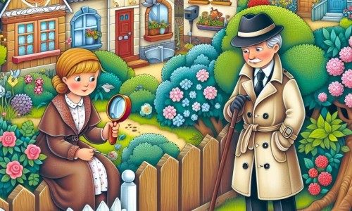 Une illustration destinée aux enfants représentant un détective astucieux, vêtu d'un imperméable beige et d'un chapeau noir, résolvant un mystère passionnant avec l'aide d'une dame élégante, dans un petit village pittoresque entouré de maisons colorées, de jardins fleuris et d'une charmante clôture en bois.