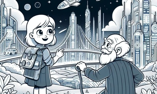 Une illustration destinée aux enfants représentant une fillette curieuse se retrouvant dans une cité futuriste, accompagnée d'un sage vieil homme, dans la ville de Lumière-Ciel, aux bâtiments futuristes et aux voitures volantes.