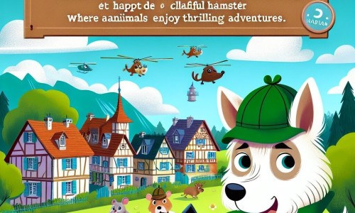 Une illustration destinée aux enfants représentant un chien détective malicieux résolvant des mystères loufoques avec l'aide d'un hamster espiègle, dans le pittoresque village de Châtelpatte, où les animaux vivent des aventures palpitantes.