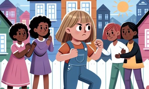 Une illustration destinée aux enfants représentant une fille au courage lumineux, confrontée à la discrimination raciale, soutenue par des amis solidaires, dans un quartier aux maisons colorées et aux voisins distants.