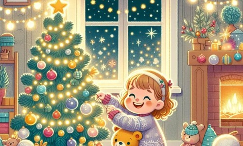 Une illustration destinée aux enfants représentant une fillette joyeuse décorant un sapin de Noël avec son ami en peluche dans une maison chaleureuse illuminée de guirlandes scintillantes et de boules colorées.