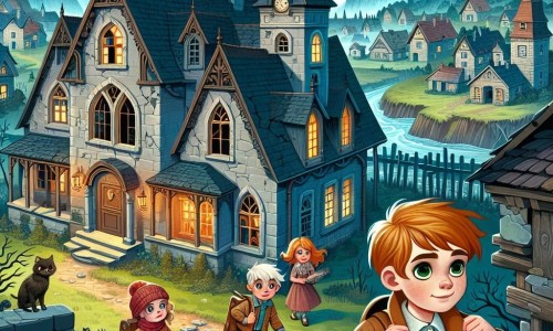 Une illustration destinée aux enfants représentant un jeune garçon curieux et courageux, accompagné de ses amis, explorant un vieux manoir hanté aux murs craquelés et aux fenêtres sombres, dans un petit village entouré d'une forêt mystérieuse.